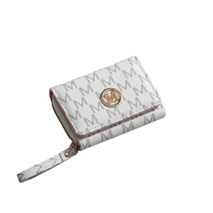 Portefeuille Femme Compact en PU Beige Blanc – Multi-Rangements & Logo Doré