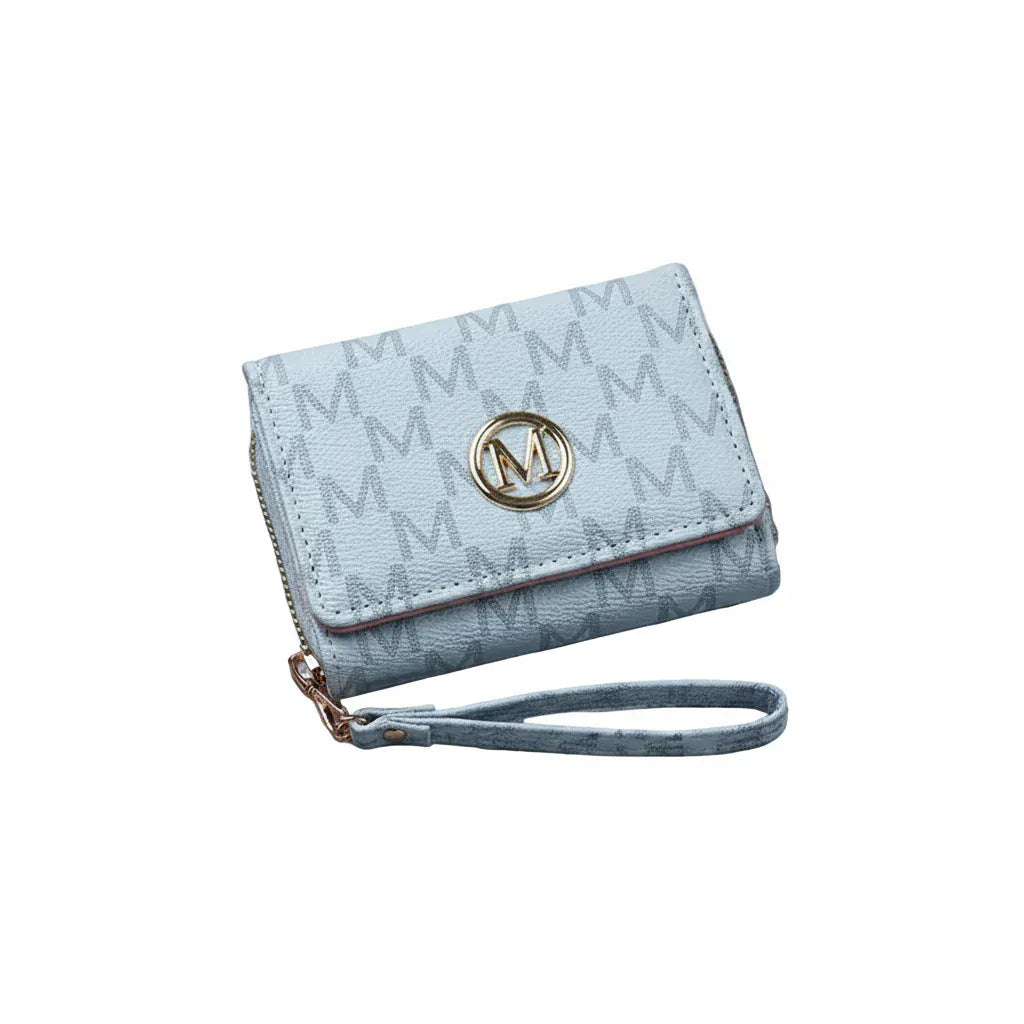 Portefeuille Femme Compact en PU Bleu – Multi-Rangements & Logo Doré