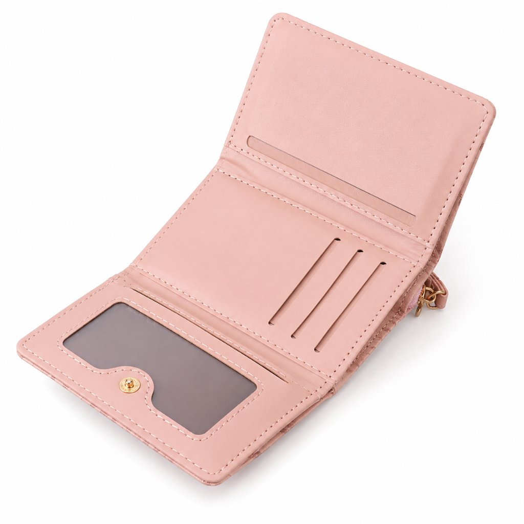 Portefeuille Femme Compact en PU – Multi-Rangements & Logo Doré