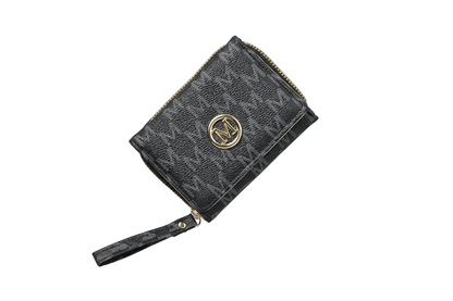 Portefeuille Femme Compact en PU Noir – Multi-Rangements & Logo Doré