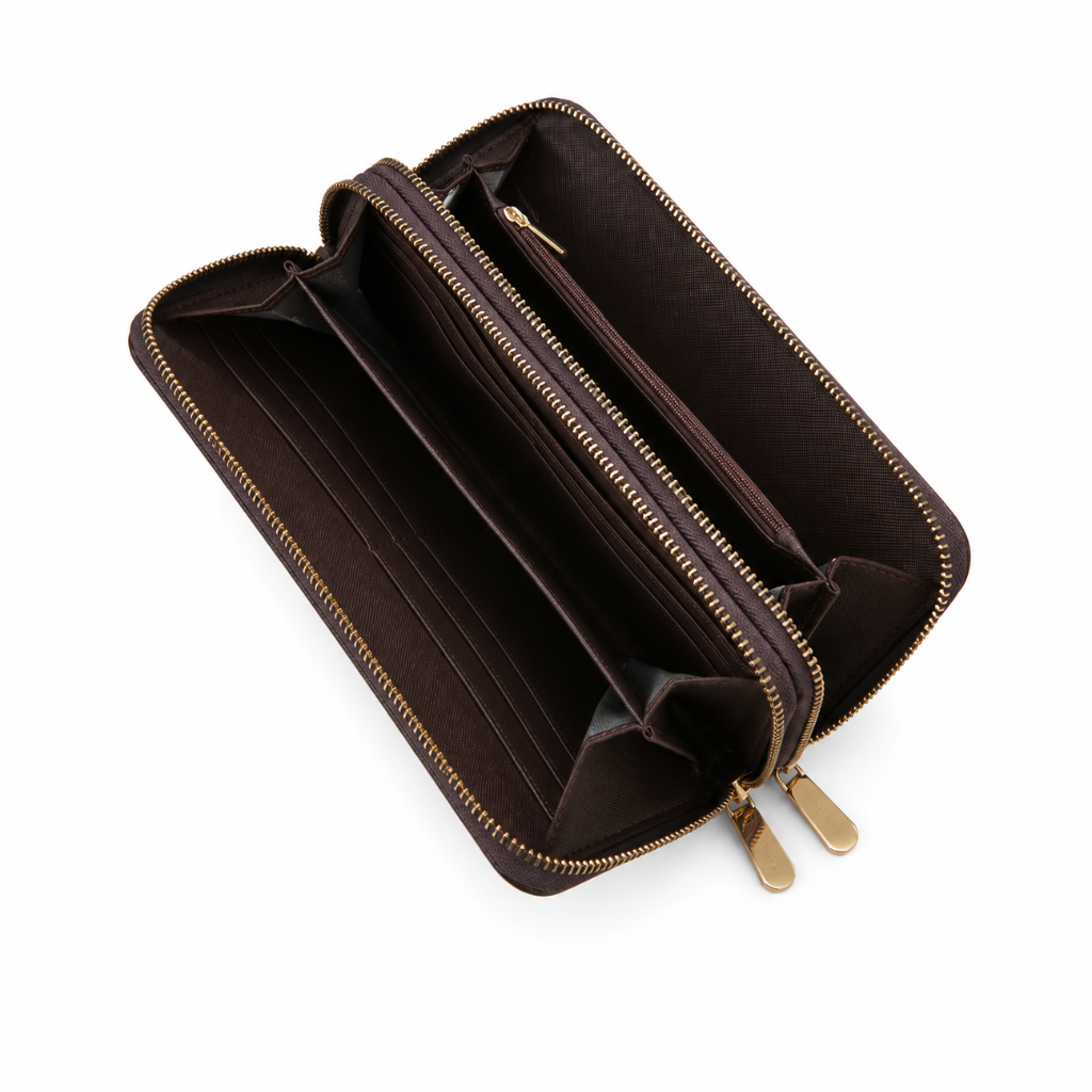 Portefeuille Femme Long à Double Fermeture Éclair – Pochette Élégante à Motif Logo.
