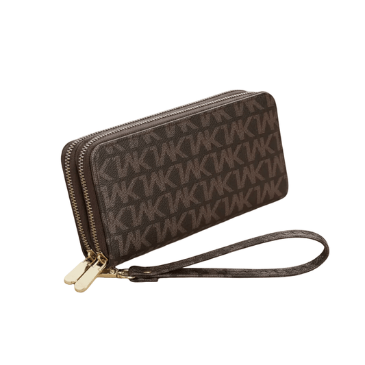 Portefeuille Femme Long à Double Fermeture Éclair – Pochette Élégante à Motif Logo