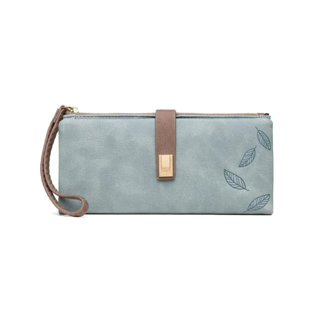 Portefeuille Femme Long Format Cuir PU Bleu avec Imprimé Feuilles – Multi-Compartiments