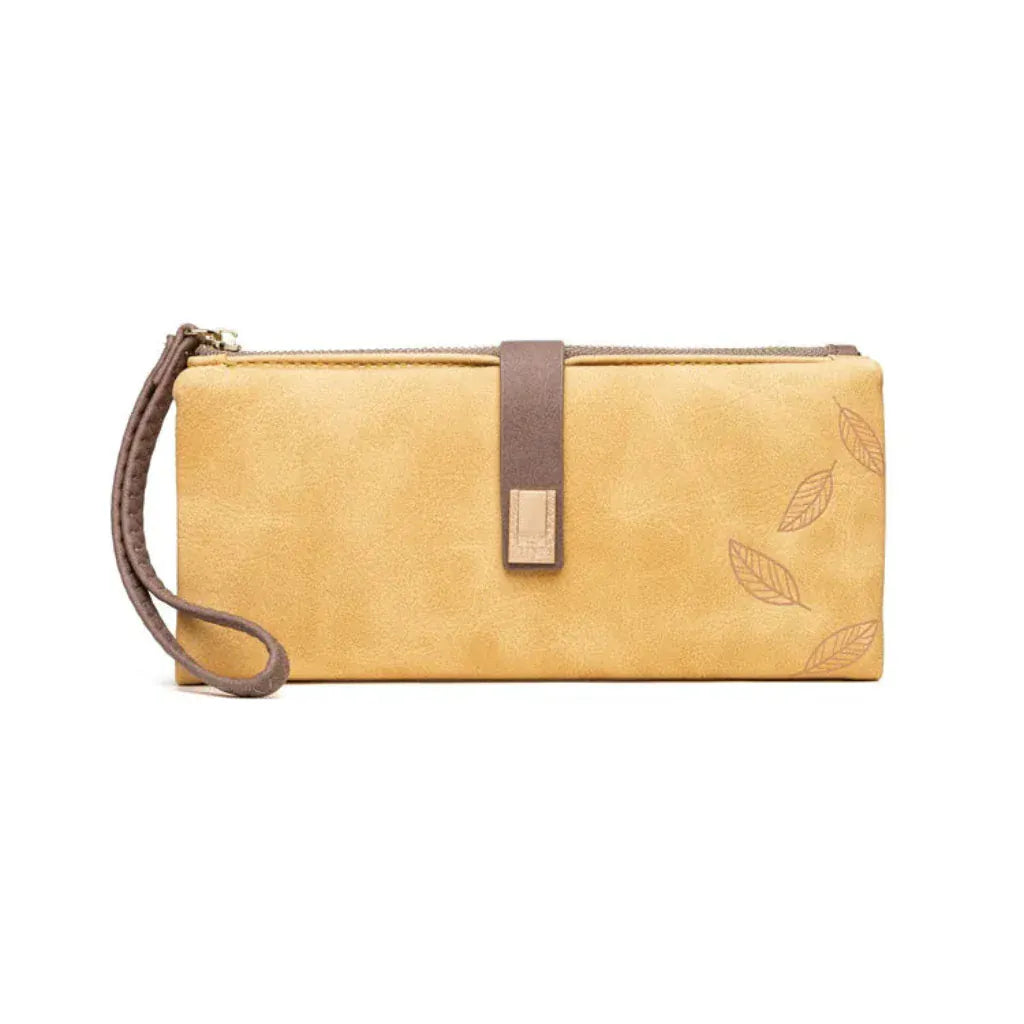 Portefeuille Femme Long Format Cuir PU Jaune avec Imprimé Feuilles – Multi-Compartiments