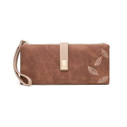Portefeuille Femme Long Format Cuir PU Marron avec Imprimé Feuilles – Multi-Compartiments