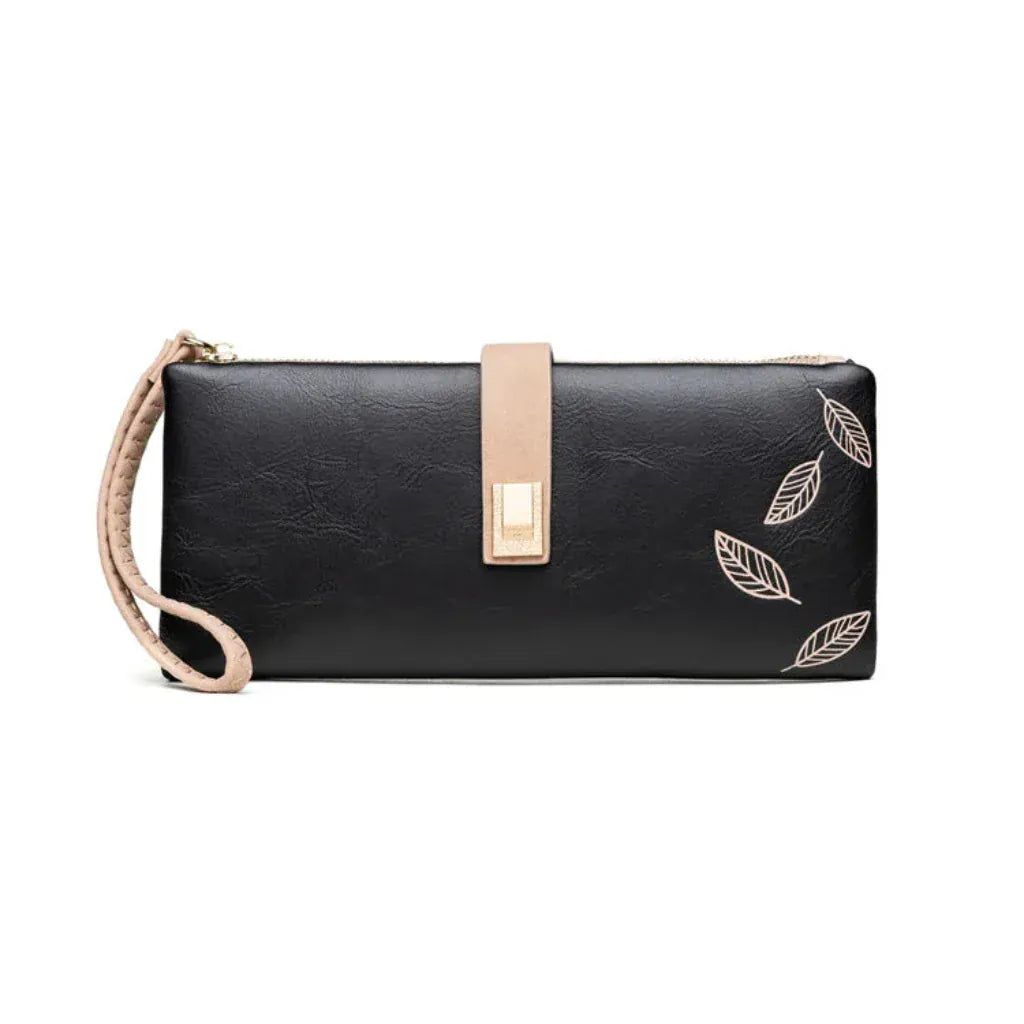 Portefeuille Femme Long Format Cuir PU Noir avec Imprimé Feuilles – Multi-Compartiments