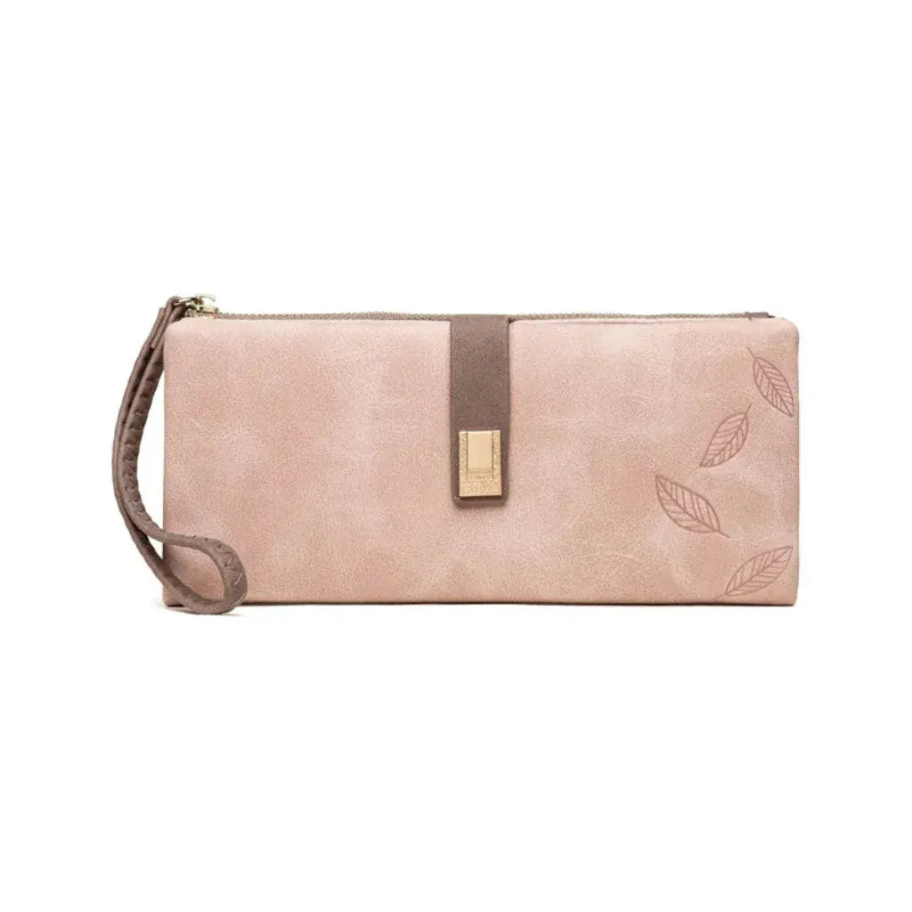 Portefeuille Femme Long Format Cuir PU  Rose avec Imprimé Feuilles – Multi-Compartiments