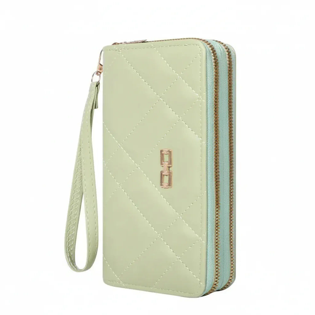 Portefeuille Femme Long Matelassé Vert – Grande Capacité avec Compartiment Téléphone