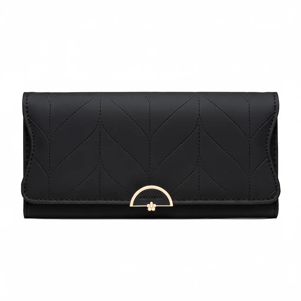 Portefeuille Femme Long Matelassé en PU Noir – Grande Capacité, Porte-Cartes, Compartiments Billets & Monnaie
