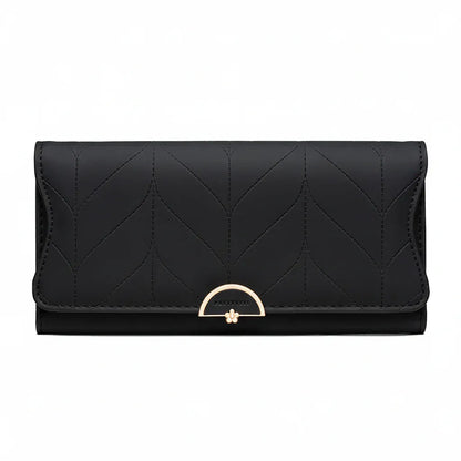 Portefeuille Femme Long Matelassé en PU Noir – Grande Capacité, Porte-Cartes, Compartiments Billets & Monnaie