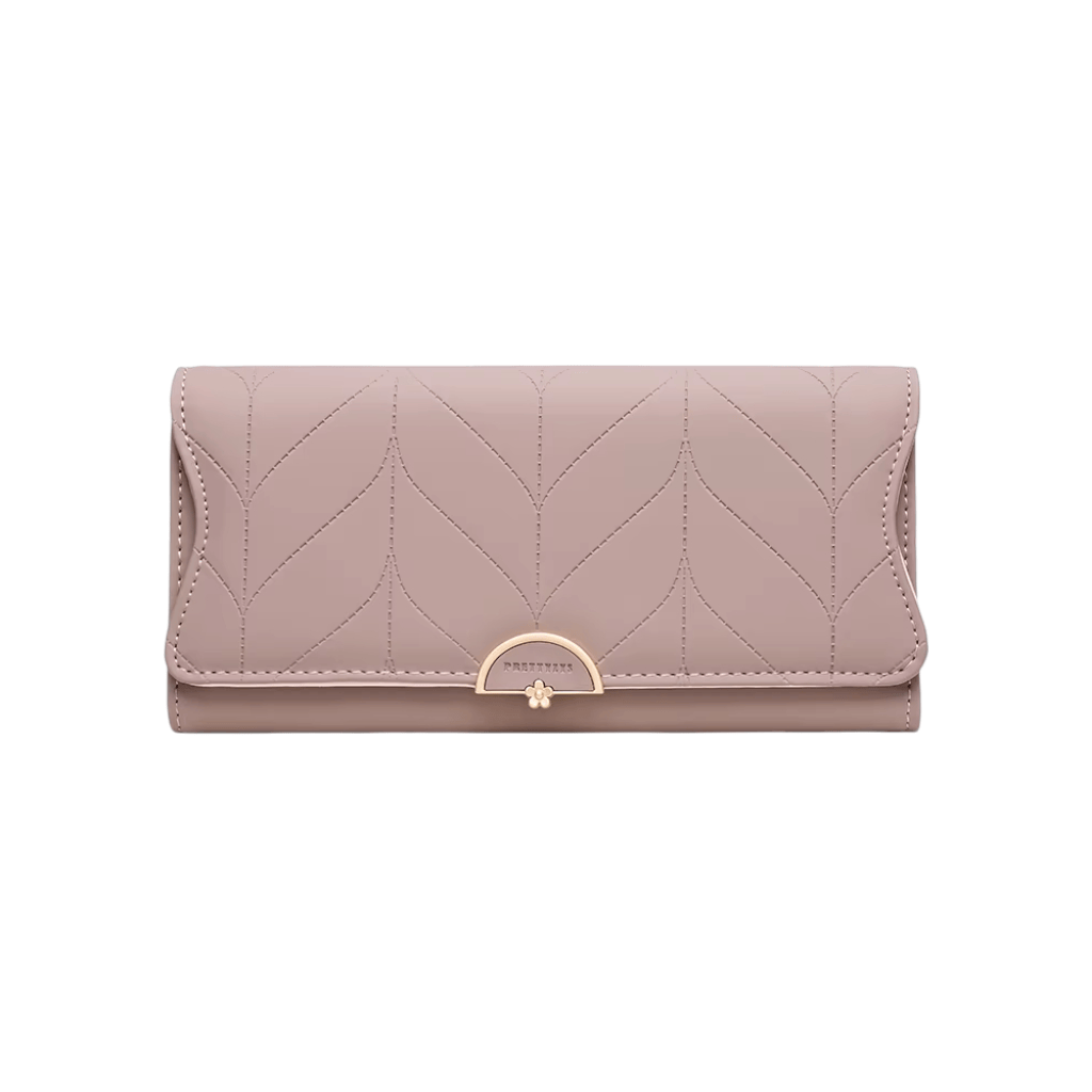 Portefeuille Femme Long Matelassé en PU Vieux Rose – Grande Capacité, Porte-Cartes, Compartiments Billets & Monnaie