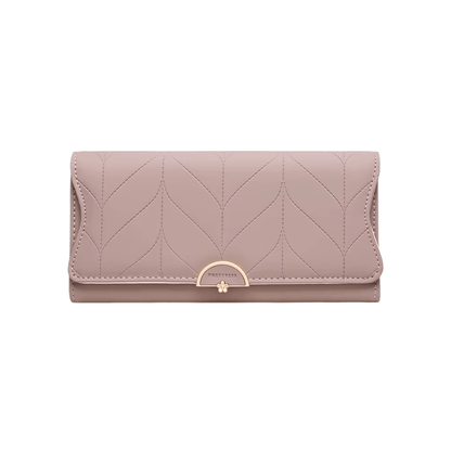 Portefeuille Femme Long Matelassé en PU Vieux Rose – Grande Capacité, Porte-Cartes, Compartiments Billets & Monnaie