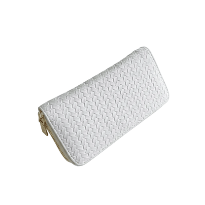 Portefeuille Femme Long Tressé Blanc – Élégant et Multifonctionnel