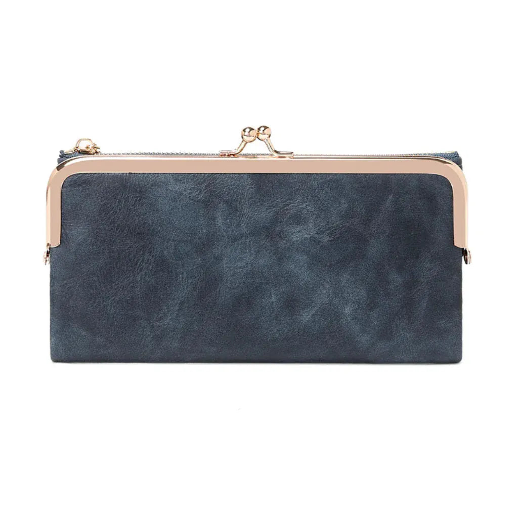 Portefeuille Femme Long Vintage Blue – Organisateur Multifonction à Fermoir Clip Rétro