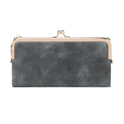 Portefeuille Femme Long Vintage Gris – Organisateur Multifonction à Fermoir Clip Rétro