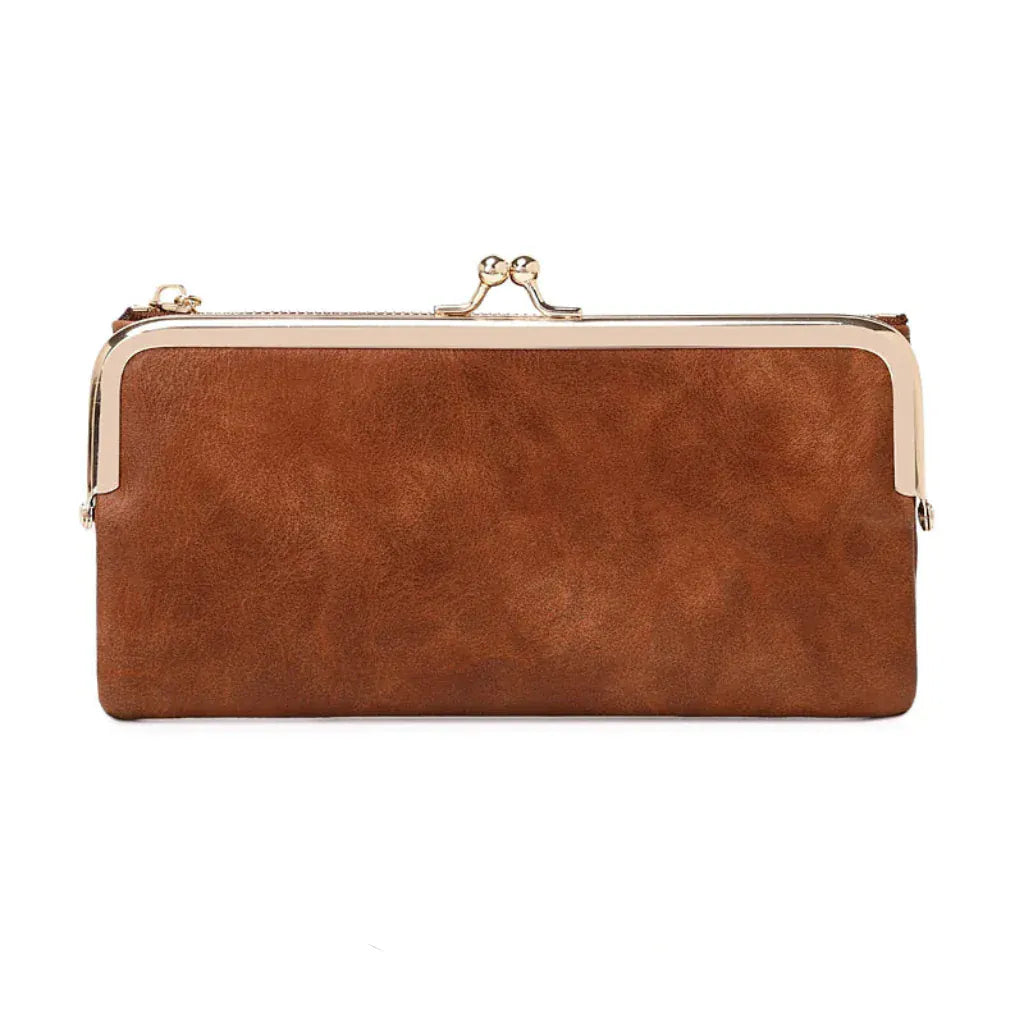 Portefeuille Femme Long Vintage Marron – Organisateur Multifonction à Fermoir Clip Rétro