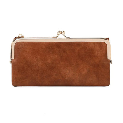 Portefeuille Femme Long Vintage Marron – Organisateur Multifonction à Fermoir Clip Rétro