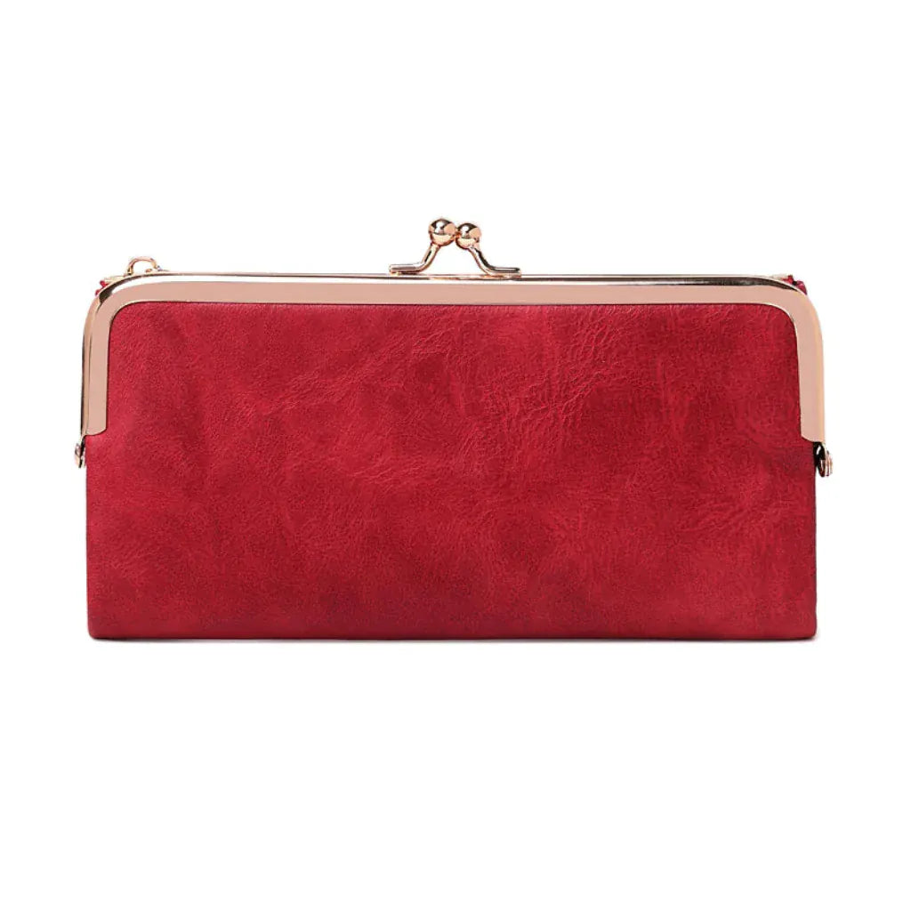 Portefeuille Femme Long Vintage Rouge – Organisateur Multifonction à Fermoir Clip Rétro