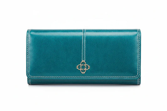 Portefeuille Femme Long en Cuir PU Bleu - Organisateur Élégant avec Fermoir Décoratif