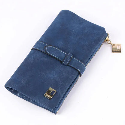 Portefeuille Femme Long en Cuir PU Effet Nubuck Bleu – Grande Capacité avec Fermeture Cordon Coulissant