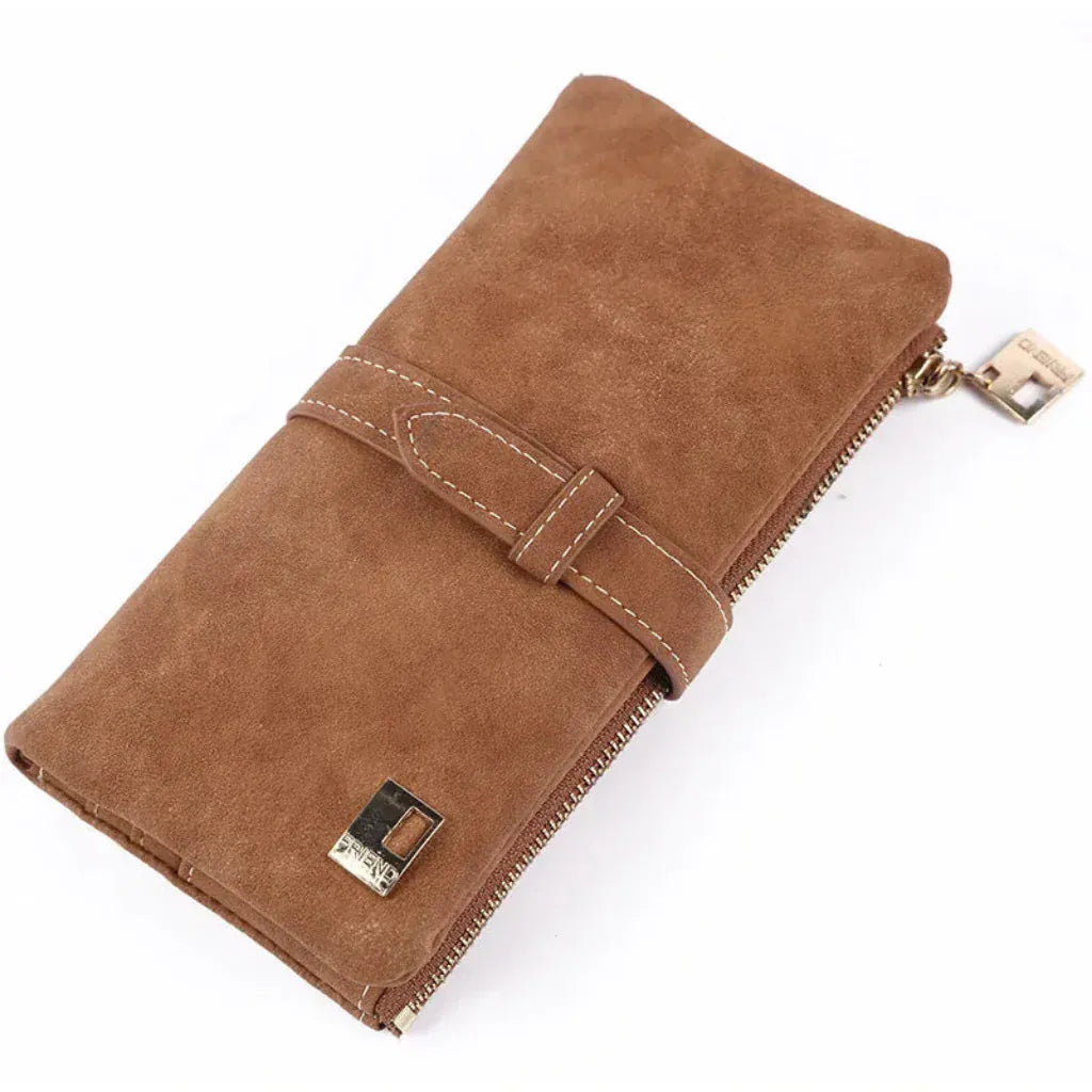Portefeuille Femme Long en Cuir PU Effet Nubuck Marron Foncé – Grande Capacité avec Fermeture Cordon Coulissant