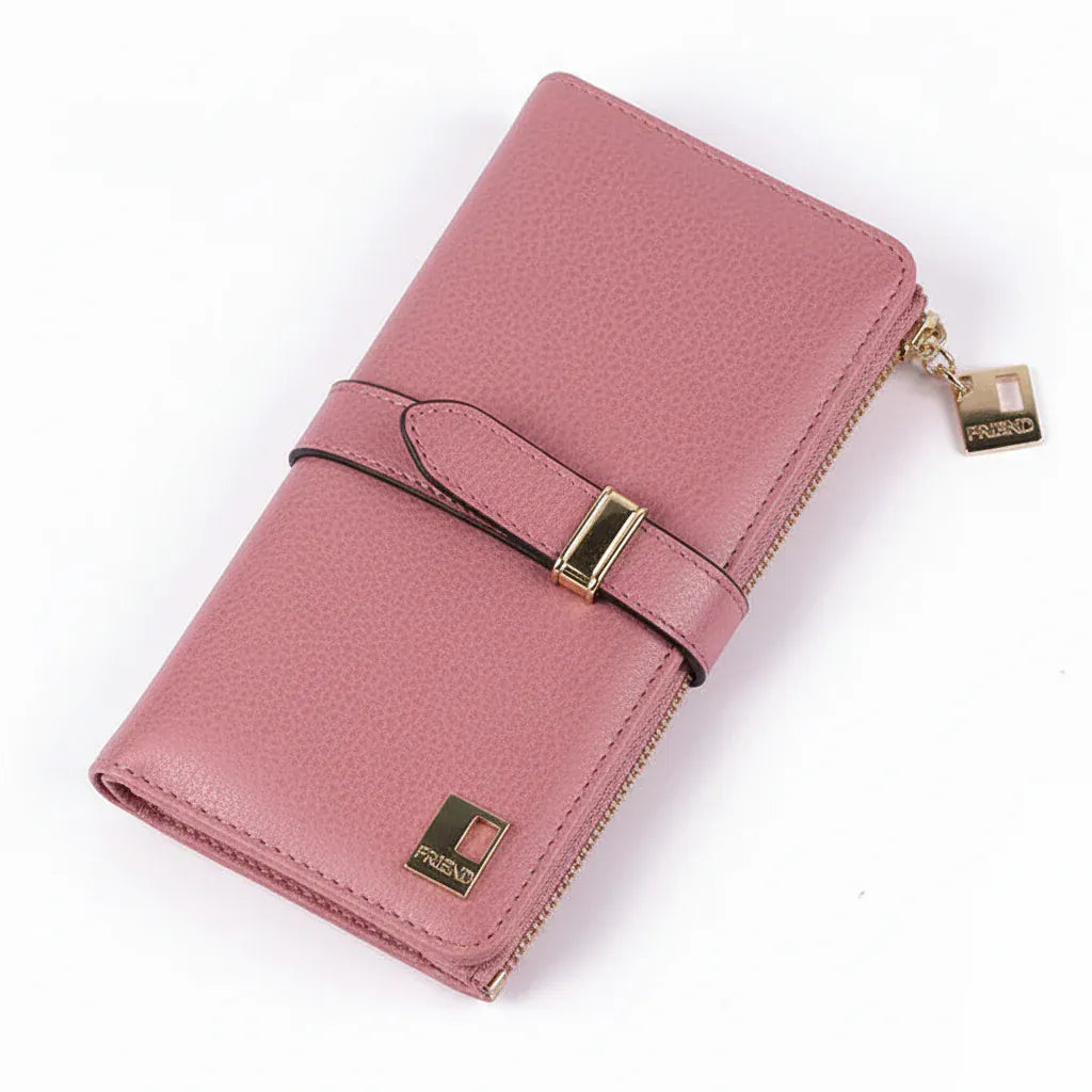 Portefeuille Femme Long en Cuir PU Effet Nubuck Rose – Grande Capacité avec Fermeture Cordon Coulissant