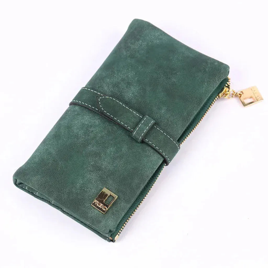 Portefeuille Femme Long en Cuir PU Effet Nubuck Vert – Grande Capacité avec Fermeture Cordon Coulissant