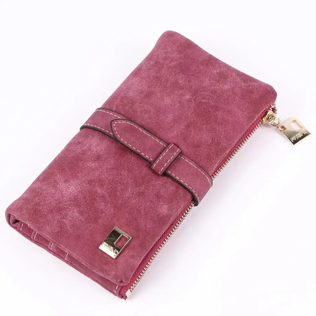 Portefeuille Femme Long en Cuir PU Effet Nubuck Vieux Rose – Grande Capacité avec Fermeture Cordon Coulissant