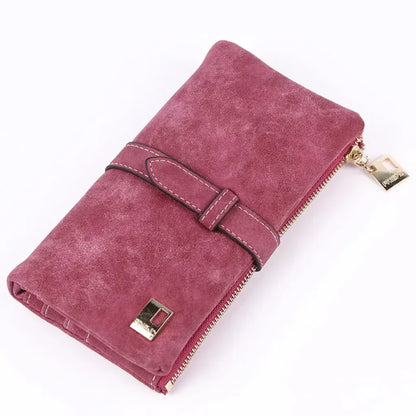 Portefeuille Femme Long en Cuir PU Effet Nubuck Vieux Rose – Grande Capacité avec Fermeture Cordon Coulissant