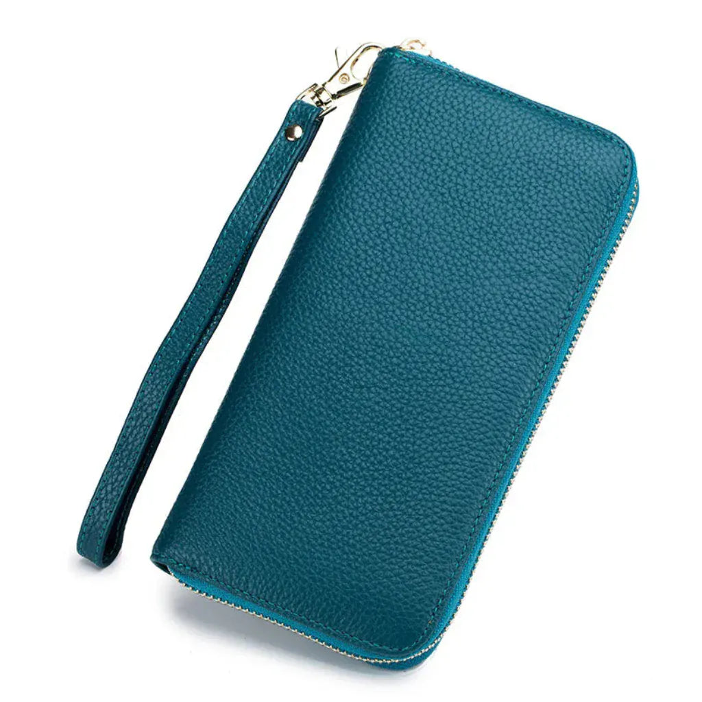 Portefeuille Femme Long en Cuir Véritable Bleu avec Protection RFID – Élégant & Sécurisé 