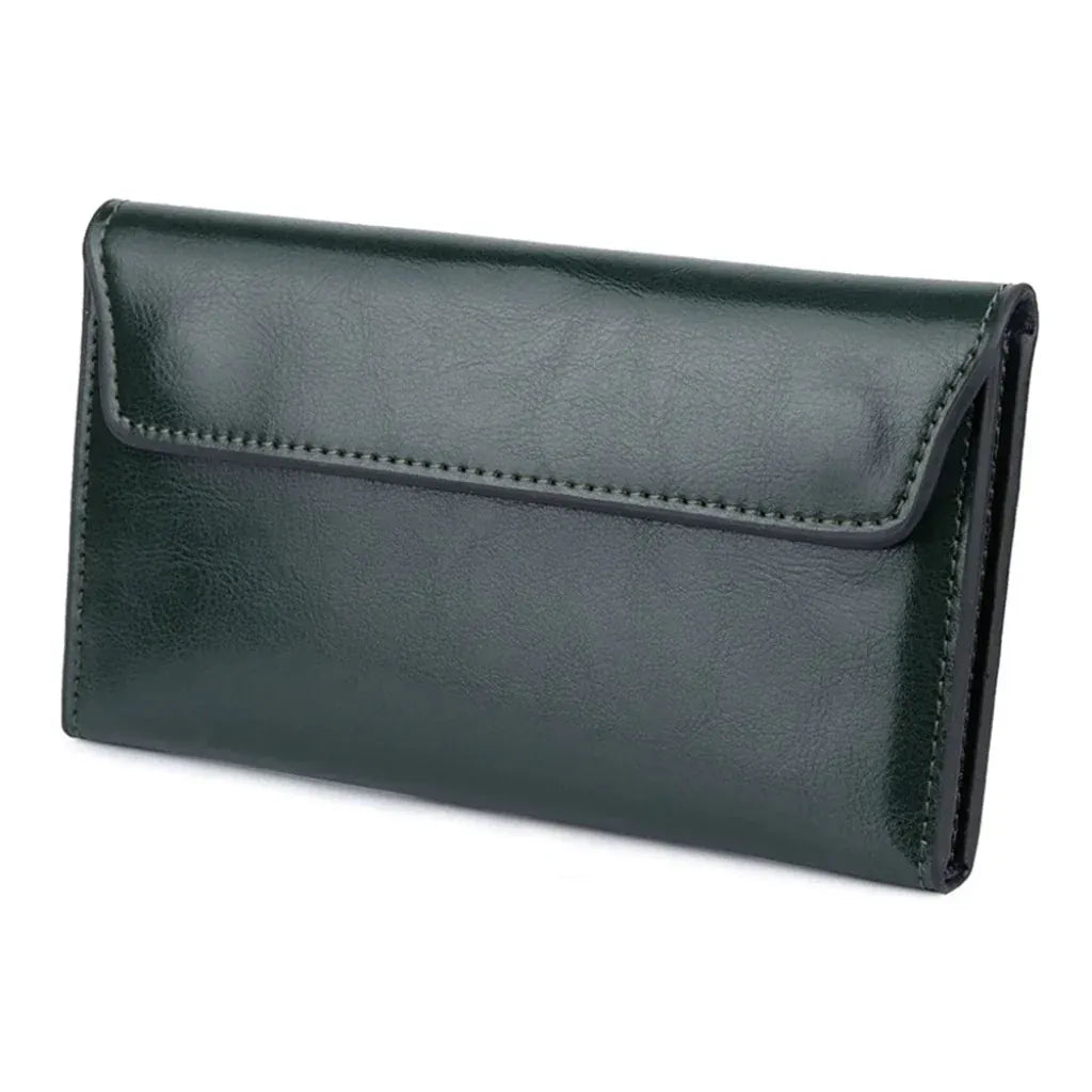 Portefeuille Femme Long en Cuir Véritable Ultra-Fin Vert Foncé – Élégance et Organisation