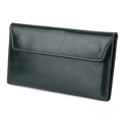 Portefeuille Femme Long en Cuir Véritable Ultra-Fin Vert Foncé – Élégance et Organisation