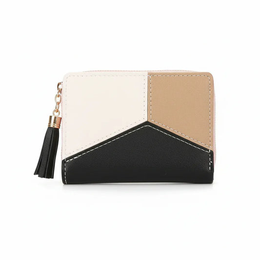 Portefeuille Femme Patchwork Compact Noir & Beige – Porte-Cartes et Compartiment Téléphone