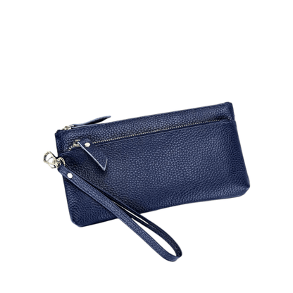 Portefeuille Femme en Cuir Véritable Bleu – Pochette Compacte avec Dragonne & Élégance Quotidienne