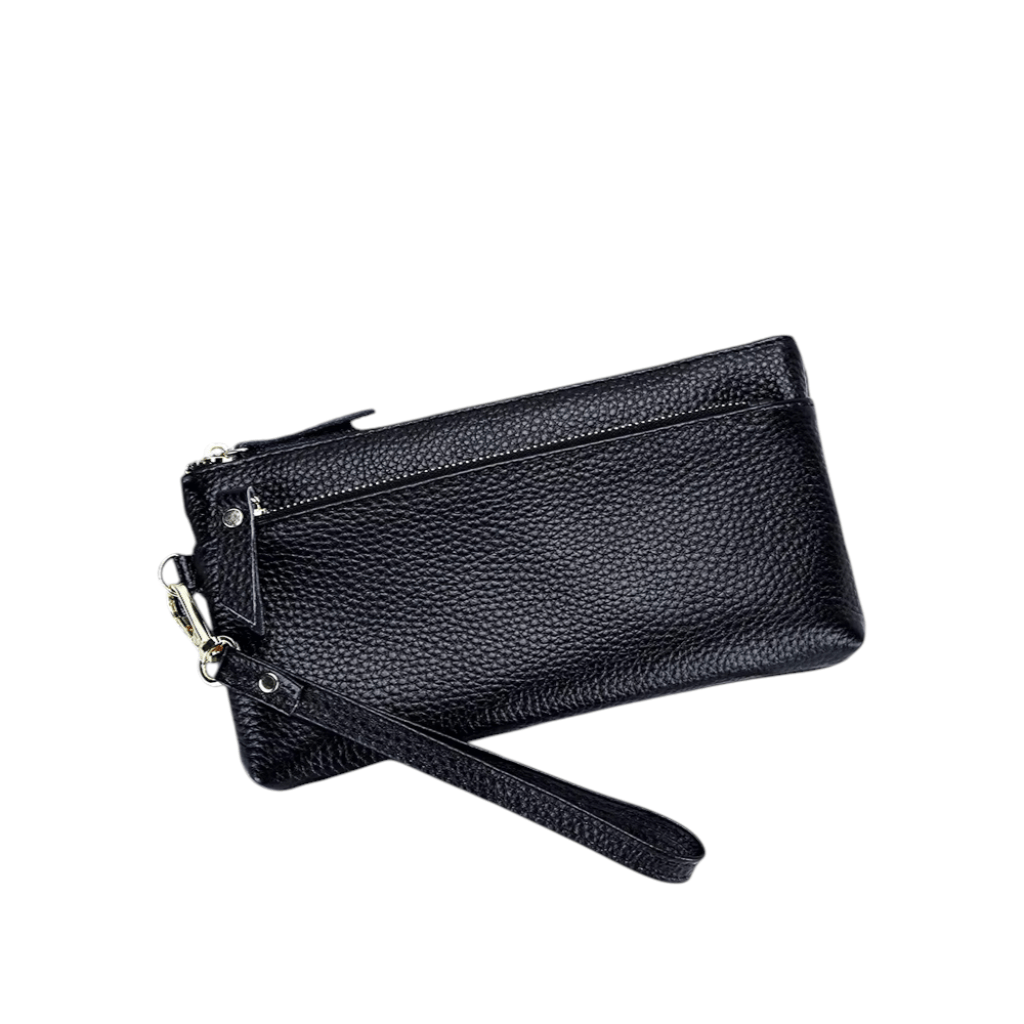 Portefeuille Femme en Cuir Véritable Noir – Pochette Compacte avec Dragonne & Élégance Quotidienne