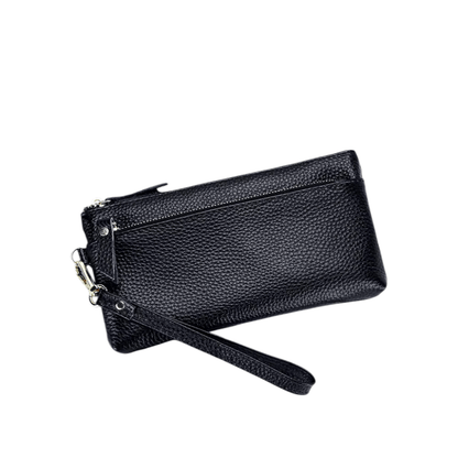 Portefeuille Femme en Cuir Véritable Noir – Pochette Compacte avec Dragonne & Élégance Quotidienne