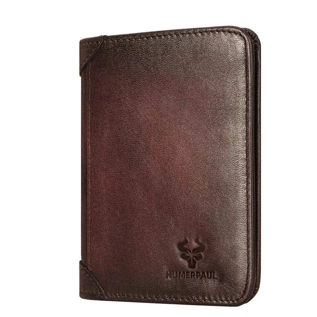 Portefeuille Homme Compact en Cuir Véritable Marron Foncé – Trifold Classique avec Protection RFID et Fenêtre ID