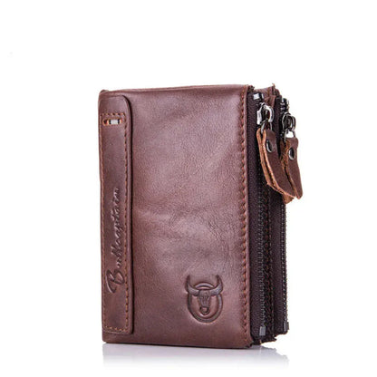 Portefeuille Homme Cuir Véritable avec Double Fermeture Éclair et Protection RFID Marron Foncé