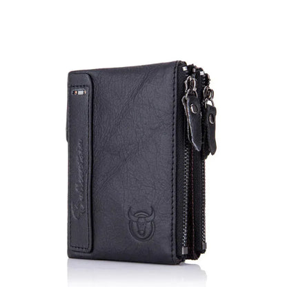 Portefeuille Homme Cuir Véritable avec Double Fermeture Éclair et Protection RFID Noir