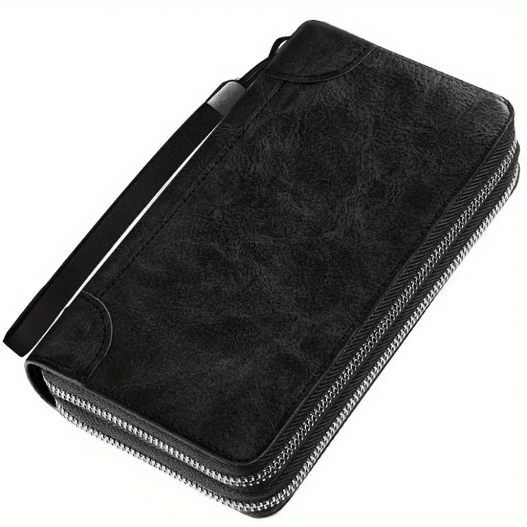 Portefeuille Homme Organisateur en Cuir Ciré Noir – Double Fermeture Éclair, Grande Capacité avec Dragonne