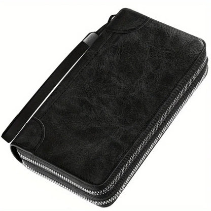 Portefeuille Homme Organisateur en Cuir Ciré Noir – Double Fermeture Éclair, Grande Capacité avec Dragonne