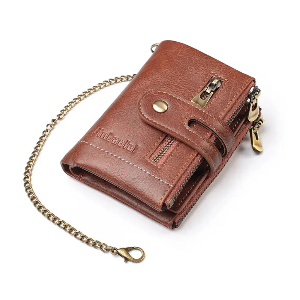 Portefeuille Homme en Cuir PU Vintage Marron Clair avec Chaîne de Sécurité, Format Court et Rangement Multi-Compartiments