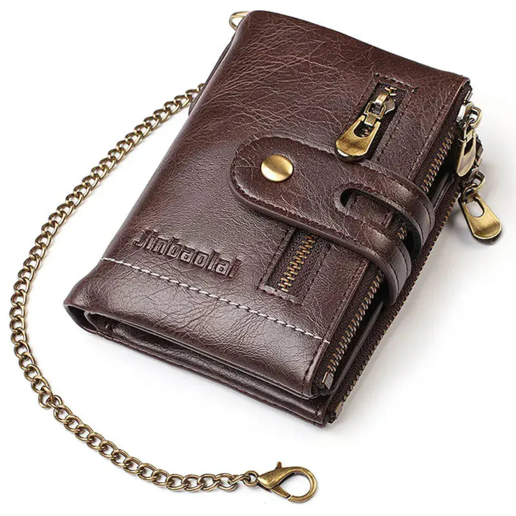 Portefeuille Homme en Cuir PU Vintage Marron Foncé avec Chaîne de Sécurité, Format Court et Rangement Multi-Compartiments