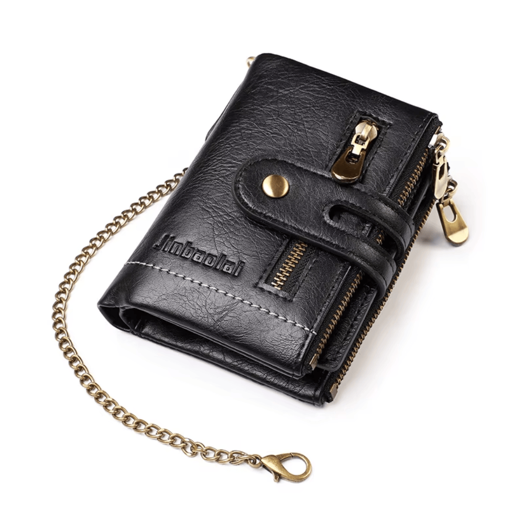 Portefeuille Homme en Cuir PU Vintage Noir avec Chaîne de Sécurité, Format Court et Rangement Multi-Compartiments