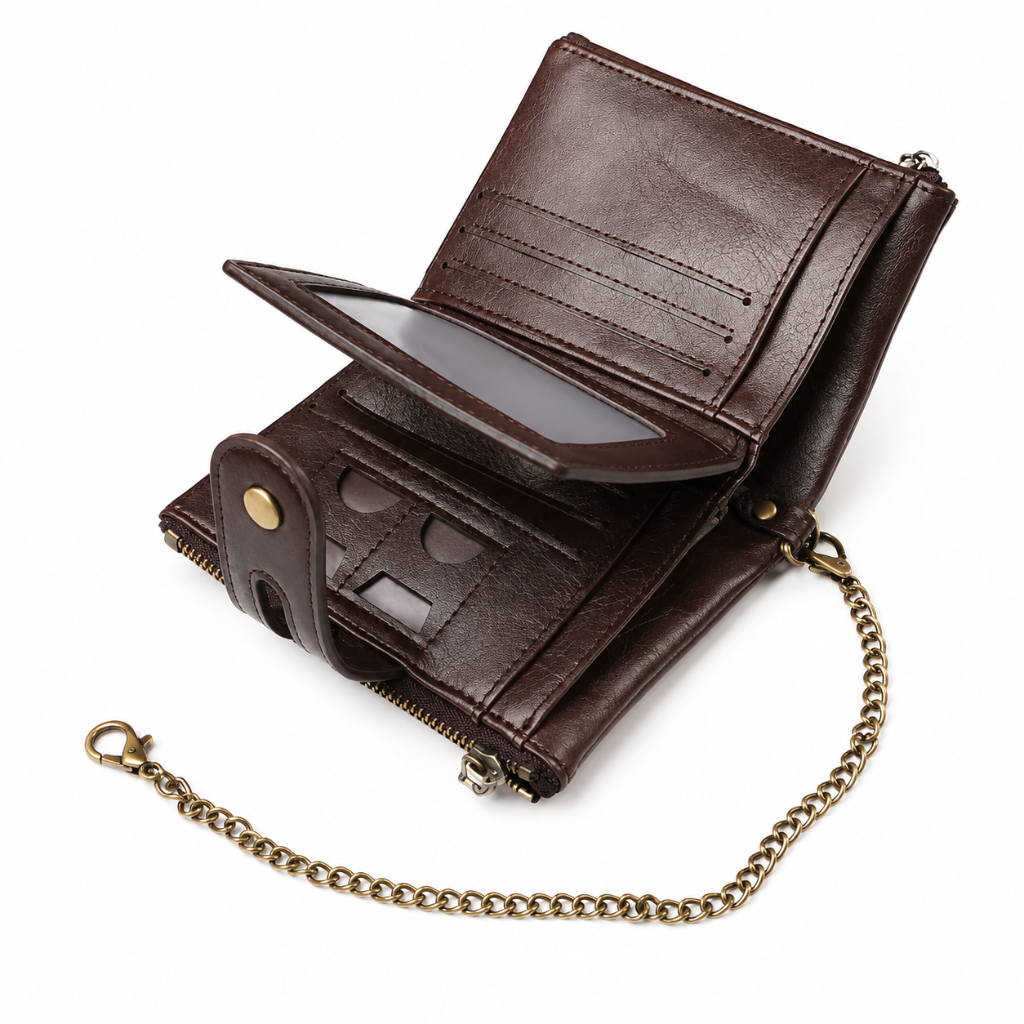 Portefeuille Homme en Cuir PU Vintage avec Chaîne de Sécurité, Format Court et Rangement Multi-Compartiments