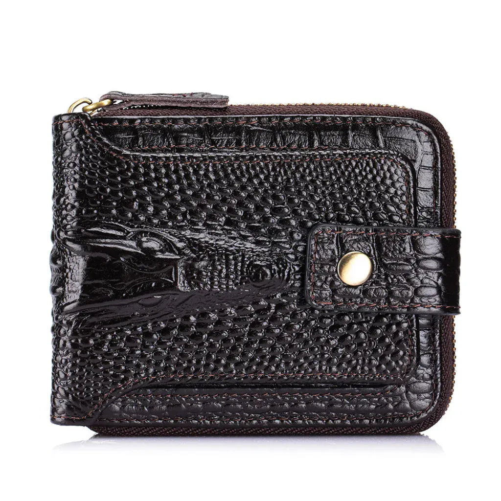 Portefeuille Homme en Cuir Véritable Motif Crocodile Marron Foncé – Élégant, Compact et Sécurisé