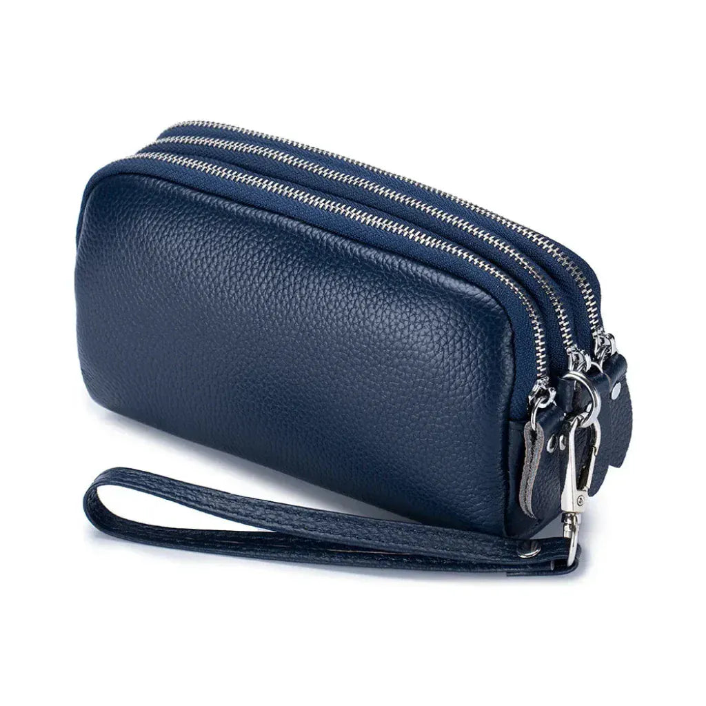 Portefeuille Long Femme en Cuir Véritable - 3 Compartiments Zippés Bleu - Grande Capacité avec Dragonne