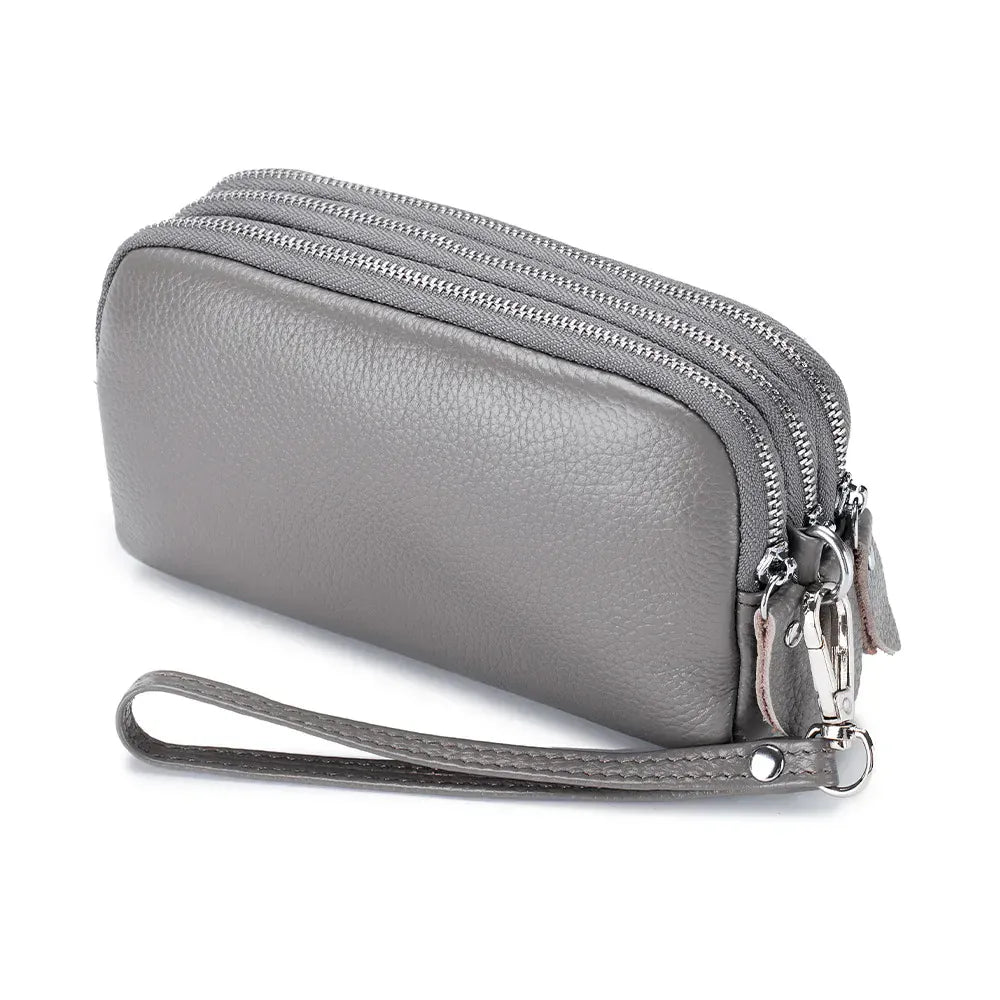 Portefeuille Long Femme en Cuir Véritable - 3 Compartiments Zippés Gris - Grande Capacité avec Dragonne