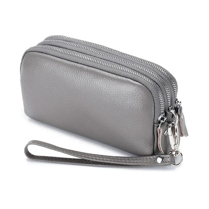 Portefeuille Long Femme en Cuir Véritable - 3 Compartiments Zippés Gris - Grande Capacité avec Dragonne