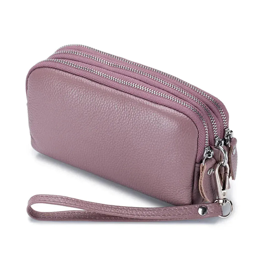 Portefeuille Long Femme en Cuir Véritable - 3 Compartiments Zippés Violet - Grande Capacité avec Dragonne